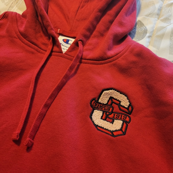 Champion Tops - Champion Red Hooded Sweatshirt with Embroidered 'C' Patch